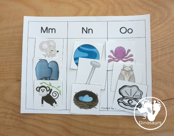 Romping & Roaring MNO Review Pack- with letter m, letter n, and letter o printables for reviewing the three letters with tracing, puzzles, coloring pages, finger puppets, game and more- 3Dinosaurs.com