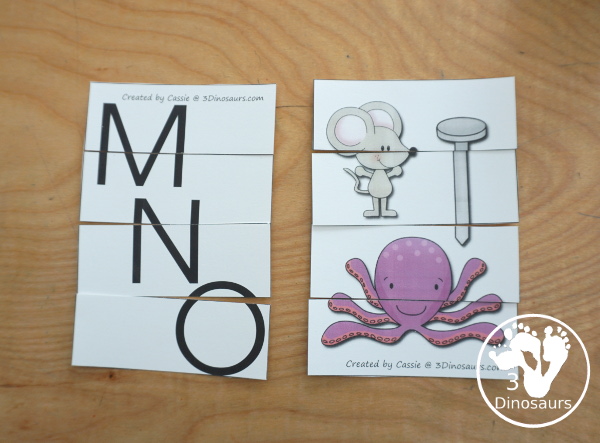 Romping & Roaring MNO Review Pack- with letter m, letter n, and letter o printables for reviewing the three letters with tracing, puzzles, coloring pages, finger puppets, game and more- 3Dinosaurs.com