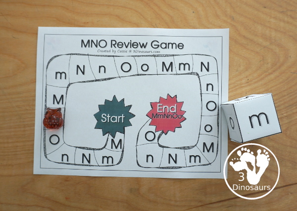 Romping & Roaring MNO Review Pack- with letter m, letter n, and letter o printables for reviewing the three letters with tracing, puzzles, coloring pages, finger puppets, game and more- 3Dinosaurs.com