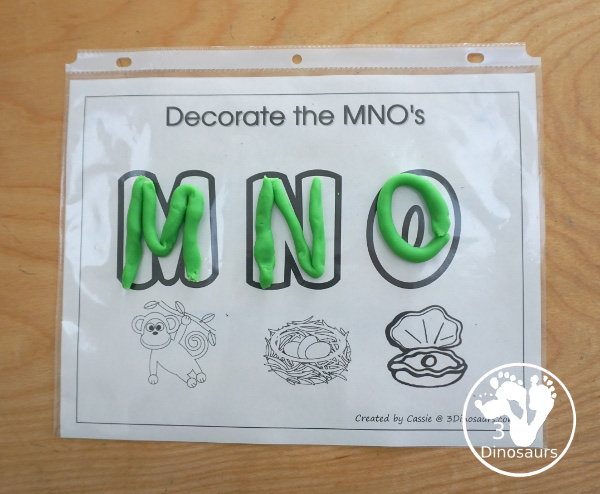 Romping & Roaring MNO Review Pack- with letter m, letter n, and letter o printables for reviewing the three letters with tracing, puzzles, coloring pages, finger puppets, game and more- 3Dinosaurs.com