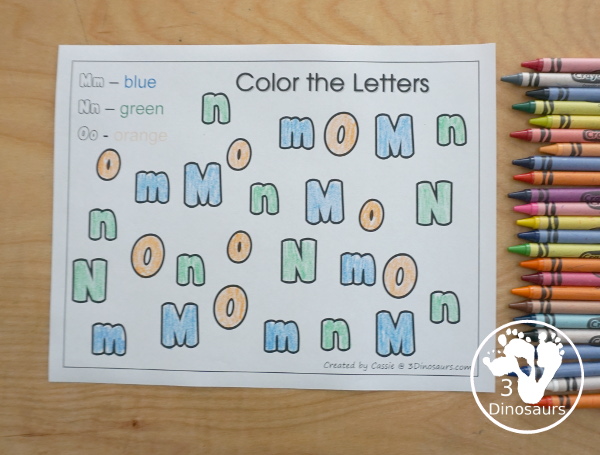 Romping & Roaring MNO Review Pack- with letter m, letter n, and letter o printables for reviewing the three letters with tracing, puzzles, coloring pages, finger puppets, game and more-  3Dinosaurs.com