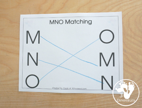 Romping & Roaring MNO Review Pack- with letter m, letter n, and letter o printables for reviewing the three letters with tracing, puzzles, coloring pages, finger puppets, game and more-  3Dinosaurs.com