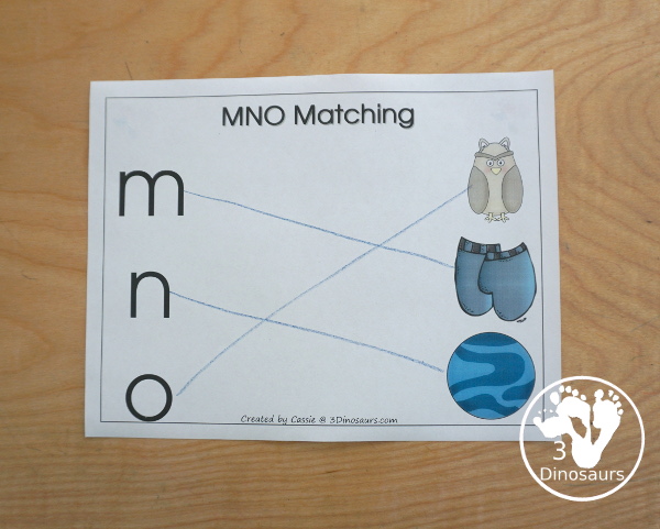 Romping & Roaring MNO Review Pack- with letter m, letter n, and letter o printables for reviewing the three letters with tracing, puzzles, coloring pages, finger puppets, game and more-  3Dinosaurs.com