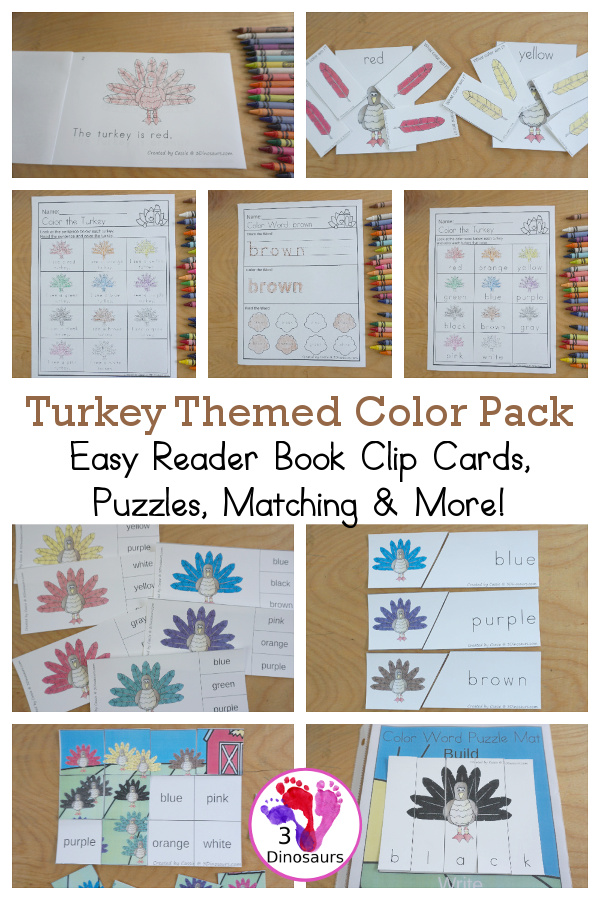 Turkey Color Pack - with 70 pages of printables with color easy reader book, color clip cards, color tracing strips, color writing strips, color pocket chart cards, color word writing, color word puzzles, and more all to work on learning color words. This is a great thanksgiving theme - 3Dinosaurs.com