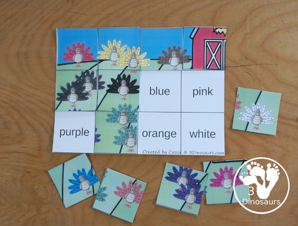 Turkey Color Pack - with 70 pages of printables with color easy reader book, color clip cards, color tracing strips, color writing strips, color pocket chart cards, color word writing, color word puzzles, and more all to work on learning color words. This is a great thanksgiving theme - 3Dinosaurs.com
