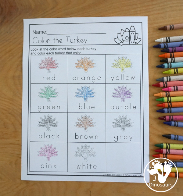 Turkey Color Pack - with 70 pages of printables with color easy reader book, color clip cards, color tracing strips, color writing strips, color pocket chart cards, color word writing, color word puzzles, and more all to work on learning color words. This is a great thanksgiving theme - 3Dinosaurs.com