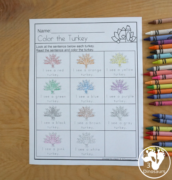 Turkey Color Pack - with 70 pages of printables with color easy reader book, color clip cards, color tracing strips, color writing strips, color pocket chart cards, color word writing, color word puzzles, and more all to work on learning color words. This is a great thanksgiving theme - 3Dinosaurs.com