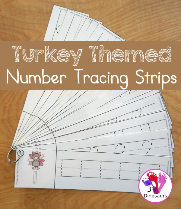 Free Turkey Theme Number Tracing Strips - with numbers 0 to 20 with tracing the number and example of how the number is written with fun turkeys. - 3Dinosaurs.com