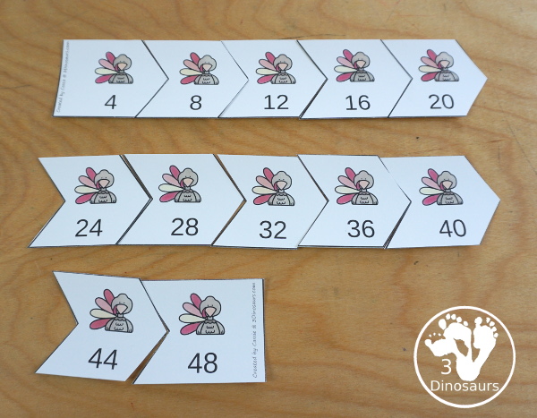 Turkey Skip Counting Activities - with no-prep packs, skip counting mats, skip counting 12 arrow puzzles, and task cards to work on skip counting from 2 to 12 - 3Dinosaurs.com