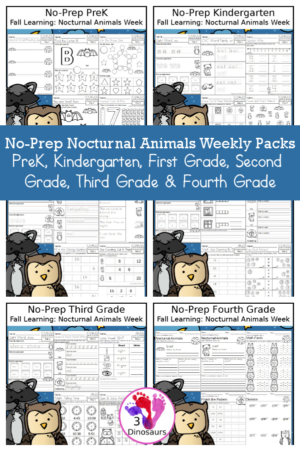 Nocturnal Animals No-Prep Weekly Packs PreK, Kindergarten, First Grade, Second Grade, Third Grade & Fourth Grade with 5 days of activities to do for each grade level With loads of different nocturnal animal activities for fall - You will find a mix of math, language, and more - These are easy to use packs for fall learning, homework, early finisher, and morning work. Easy no-prep printables for kids with four pages for each day - 3Dinosaurs.com