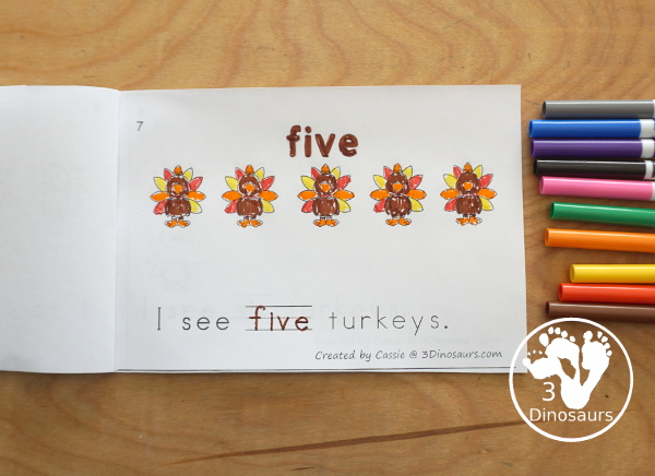 Free Turkey Number Word Counting Book Printable - with numbers from 0 to 10 with coloring number color and tracing number word in the sentence - 3Dinosaurs.com