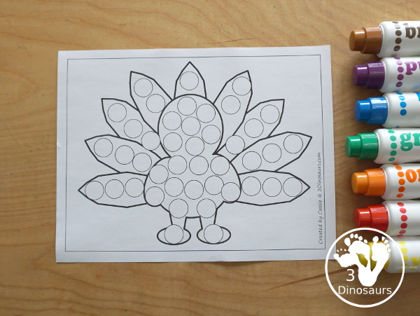 Free Turkey Fine Motor Mat Printable - with turkey tracing, turkey mat, turkey dot marker - with different options for the turkey - 3Dinosaurs.com