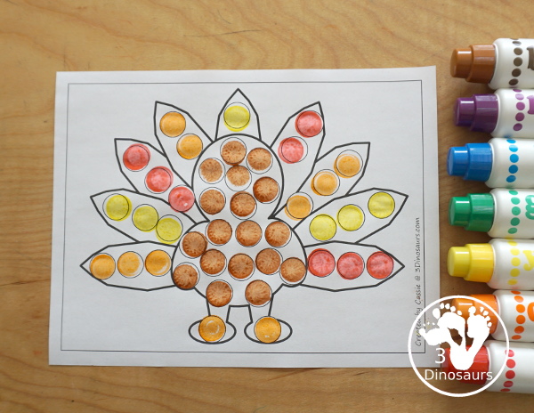 Free Turkey Fine Motor Mat Printable - with turkey tracing, turkey mat, turkey dot marker - with different options for the turkey - 3Dinosaurs.com