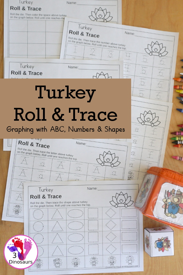 Turkey Roll & Graph With Trace Letters, Numbers & Shapes with a folding die and cube die with a graphing sheet, graphing with tracing numbers, graphing with tracing letters and graphing with tracing shapes. All with a fun turkey theme for Thanksgiving for prek and kindergarten - 3Dinosaurs.com