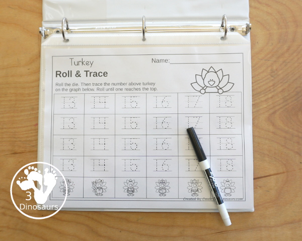 Turkey Roll & Graph With Trace Letters, Numbers & Shapes with a folding die and cube die with a graphing sheet, graphing with tracing numbers, graphing with tracing letters and graphing with tracing shapes. All with a fun turkey theme for Thanksgiving for prek and kindergarten - 3Dinosaurs.com