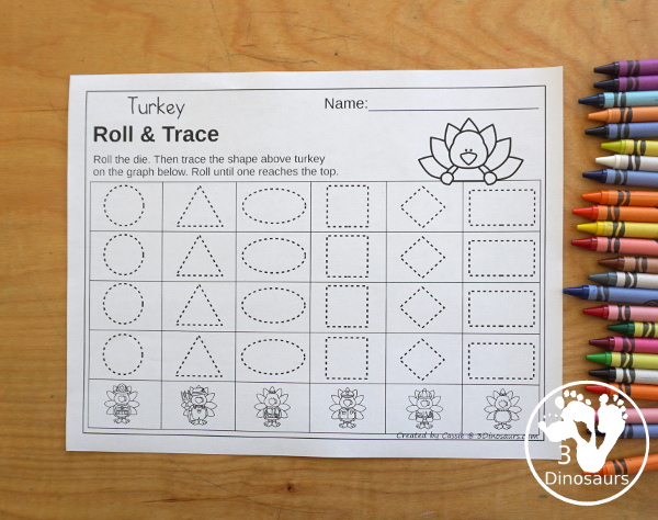 Turkey Roll & Graph With Trace Letters, Numbers & Shapes with a folding die and cube die with a graphing sheet, graphing with tracing numbers, graphing with tracing letters and graphing with tracing shapes. All with a fun turkey theme for Thanksgiving for prek and kindergarten - 3Dinosaurs.com