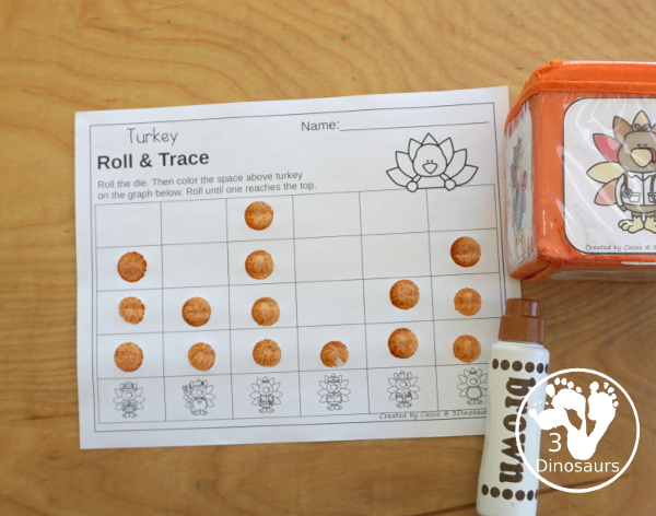 Turkey Roll & Graph With Trace Letters, Numbers & Shapes with a folding die and cube die with a graphing sheet, graphing with tracing numbers, graphing with tracing letters and graphing with tracing shapes. All with a fun turkey theme for Thanksgiving for prek and kindergarten - 3Dinosaurs.com