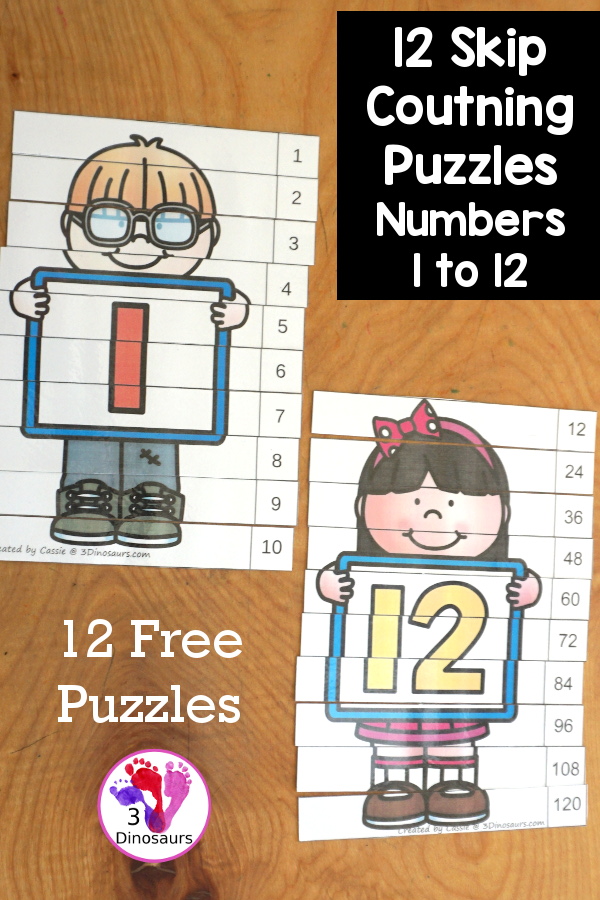 12 Free Kids Skip Counting Puzzles With Puzzles from Numbers 1 to 12 - A skip counting puzzle for each number with skip counting 10 times on each puzzle - 3Dinosaurs.com