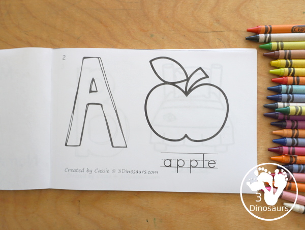 Free Alphabet Coloring Easy Reader Book Printable with all 26 letters of the alphabet with coloring the letter, coloring the picture and a word on each page for the picture - 3Dinosaurs.com