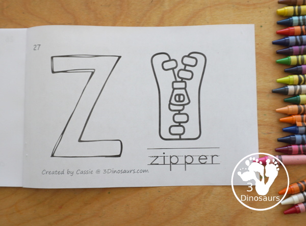 Free Alphabet Coloring Easy Reader Book Printable with all 26 letters of the alphabet with coloring the letter, coloring the picture and a word on each page for the picture - 3Dinosaurs.com