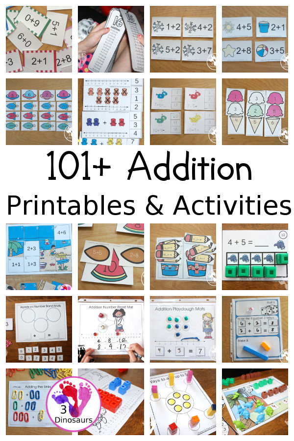 101+ Addition Printables & Activities - with a mix of cards, bookmarks, worksheets, task cards, ten frame cards, help mats, number bonds, math fact house, no-prep seasonal worksheets, addition maths and more - 3Dinosaurs.com