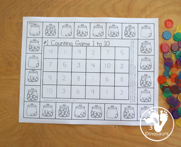 Free Candy Counting Game Numbers 1 to 10 Printables - You have two printable games with candy jars for kids to count the candy and find the matching number in the game to get four in a row.- 3Dinosaurs.com