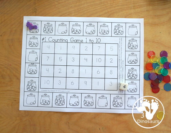 Free Candy Counting Game Numbers 1 to 10 Printables - You have two printable games with candy jars for kids to count the candy and find the matching number in the game to get four in a row.- 3Dinosaurs.com