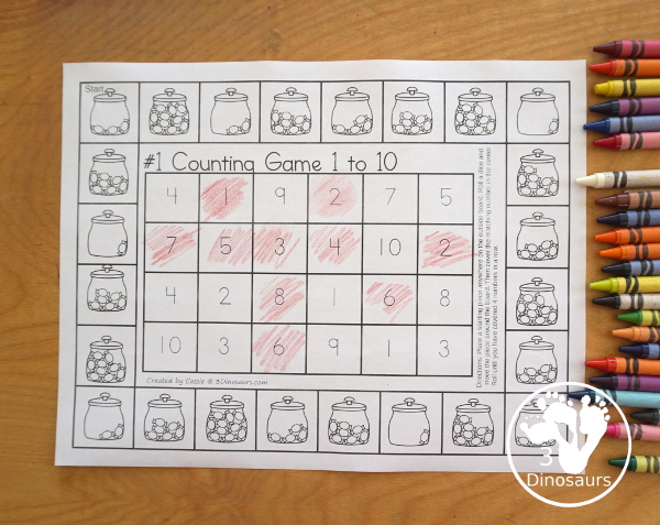 Free Candy Counting Game Numbers 1 to 10 Printables - You have two printable games with candy jars for kids to count the candy and find the matching number in the game to get four in a row.- 3Dinosaurs.com