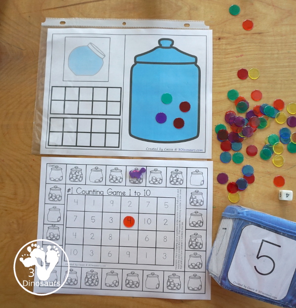 Free Candy Counting Game Numbers 1 to 10 Printables - You have two printable games with candy jars for kids to count the candy and find the matching number in the game to get four in a row.- 3Dinosaurs.com