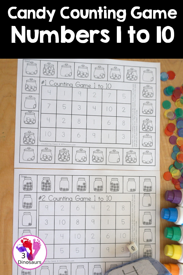 Free Candy Counting Game Numbers 1 to 10 Printables - You have two printable games with candy jars for kids to count the candy and find the matching number in the game to get four in a row.- 3Dinosaurs.com