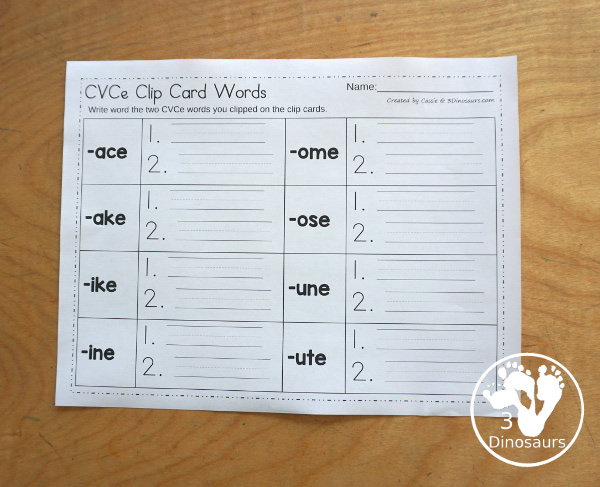 Free CVCe Clip Cards and CVCe Recording Worksheet - with four clip cards clipping two cards that match the CVCe ending and a recording sheet for all the of CVCe clip cards - 3Dinosaurs.com