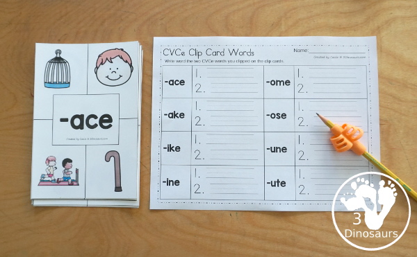 Free CVCe Clip Cards and CVCe Recording Worksheet - with four clip cards clipping two cards that match the CVCe ending and a recording sheet for all the of CVCe clip cards - 3Dinosaurs.com