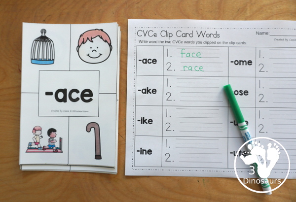 Free CVCe Clip Cards and CVCe Recording Worksheet - with four clip cards clipping two cards that match the CVCe ending and a recording sheet for all the of CVCe clip cards - 3Dinosaurs.com