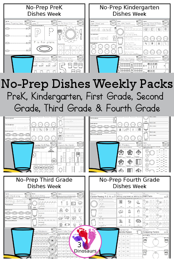 No-Prep Dishes Weekly Packs PreK, Kindergarten, First Grade, Second Grade, Third Grade & Fourth Grade with 5 days of activities to do for each grade level With loads of different dishe and place setting themes - You will find a mix of math, language, and more - These are easy to use packs for winter learning, and morning work. Easy no-prep printables for kids with four pages for each day - 3Dinosaurs.com