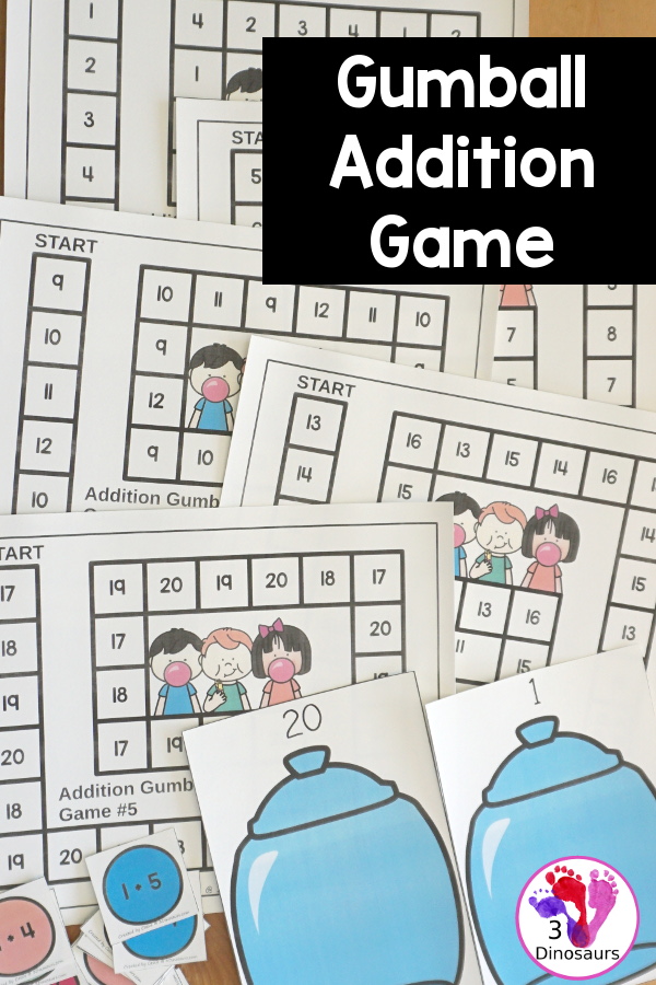 Free Gumball Addition Game: Addition from 1 to 20 - You have 5 game boards with addition for 4 numbers on each board game. You have board games, addition fact gumballs, sorting candy jars, and a recording sheet. - 3Dinosaurs.com