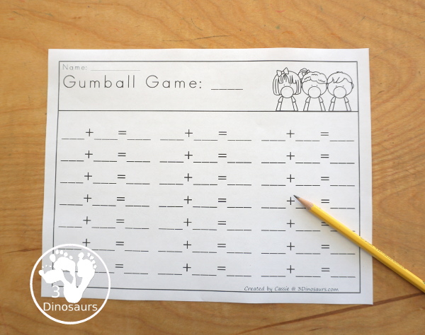 Free Gumball Addition Game: Addition from 1 to 20 - You have 5 game boards with addition for 4 numbers on each board game. You have board games, addition fact gumballs, sorting candy jars, and a recording sheet. - 3Dinosaurs.com