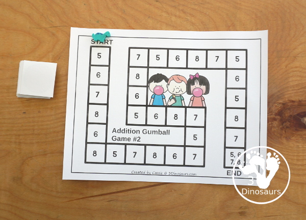 Free Gumball Addition Game: Addition from 1 to 20 - You have 5 game boards with addition for 4 numbers on each board game. You have board games, addition fact gumballs, sorting candy jars, and a recording sheet. - 3Dinosaurs.com