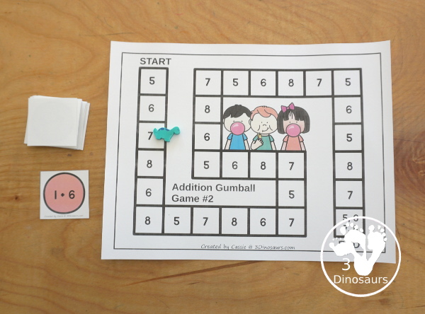 Free Gumball Addition Game: Addition from 1 to 20 - You have 5 game boards with addition for 4 numbers on each board game. You have board games, addition fact gumballs, sorting candy jars, and a recording sheet. - 3Dinosaurs.com
