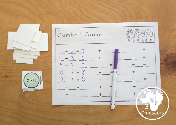 Free Gumball Addition Game: Addition from 1 to 20 - You have 5 game boards with addition for 4 numbers on each board game. You have board games, addition fact gumballs, sorting candy jars, and a recording sheet. - 3Dinosaurs.com