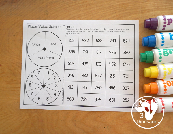 Spinning Place Value Game with Three Levels - tens and ones, hundreds, tens and ones; thousands, hundreds, tens and ones - You spin and find the number with the matching place value.- 3Dinosaurs.com