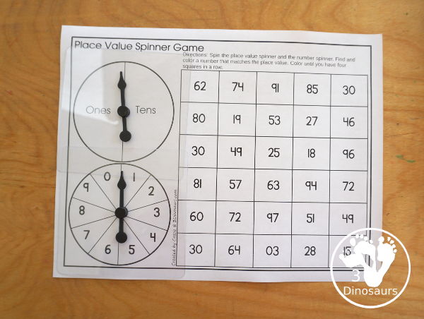 Spinning Place Value Game with Three Levels - tens and ones, hundreds, tens and ones; thousands, hundreds, tens and ones - You spin and find the number with the matching place value.- 3Dinosaurs.com