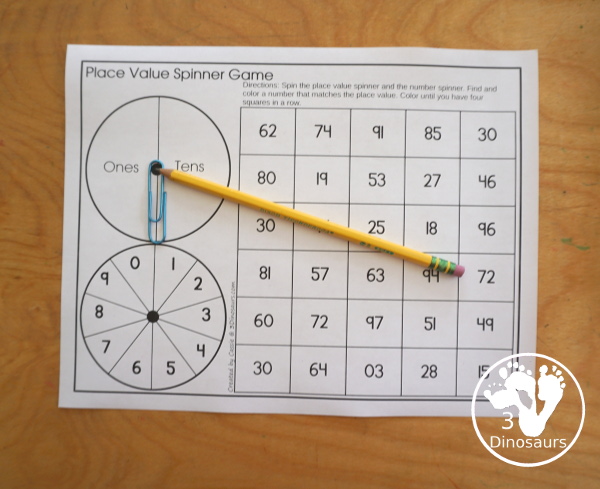 Spinning Place Value Game with Three Levels - tens and ones, hundreds, tens and ones; thousands, hundreds, tens and ones - You spin and find the number with the matching place value.- 3Dinosaurs.com