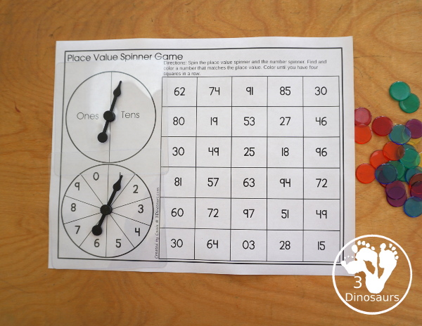 Spinning Place Value Game with Three Levels - tens and ones, hundreds, tens and ones; thousands, hundreds, tens and ones - You spin and find the number with the matching place value.- 3Dinosaurs.com