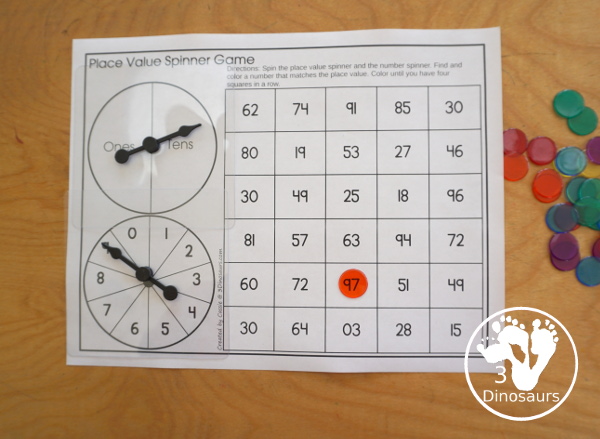 Spinning Place Value Game with Three Levels - tens and ones, hundreds, tens and ones; thousands, hundreds, tens and ones - You spin and find the number with the matching place value.- 3Dinosaurs.com