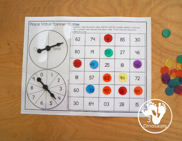 Spinning Place Value Game with Three Levels - tens and ones, hundreds, tens and ones; thousands, hundreds, tens and ones - You spin and find the number with the matching place value.- 3Dinosaurs.com