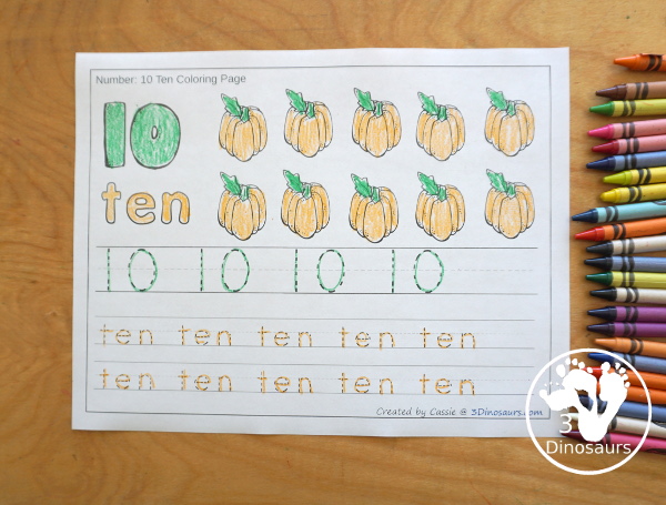 Free Pumpkin Number Color & Trace - Numbers o to 10 with counting the pumpkins and tracing the number and number word for each number with 11 pages of printables for prek and kindergarten - 3Dinosaurs.com