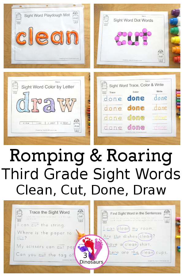 Free Romping & Roaring Third Grade Sight Words Packs Set 2: Clean, Cut, Done, Draw - 6 pages of activities for each third Grade sight words: clean, cut, done, draw. These are great for easy to use learning centers - 3Dinosaurs.com