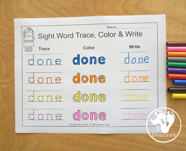 Free Romping & Roaring Third Grade Sight Words Packs Set 2: Clean, Cut, Done, Draw - 6 pages of activities for each third Grade sight words: clean, cut, done, draw. These are great for easy to use learning centers - 3Dinosaurs.com