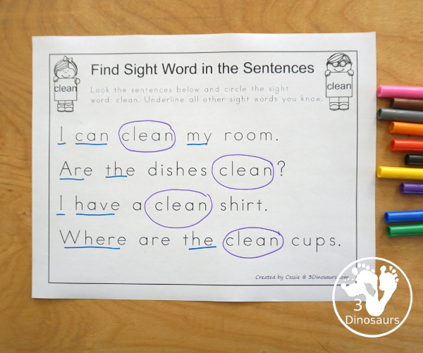 Free Romping & Roaring Third Grade Sight Words Packs Set 2: Clean, Cut, Done, Draw - 6 pages of activities for each third Grade sight words: clean, cut, done, draw. These are great for easy to use learning centers - 3Dinosaurs.com