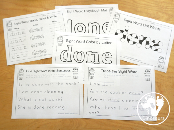 Free Romping & Roaring Third Grade Sight Words Packs Set 2: Clean, Cut, Done, Draw - 6 pages of activities for each third Grade sight words: clean, cut, done, draw. These are great for easy to use learning centers - 3Dinosaurs.com